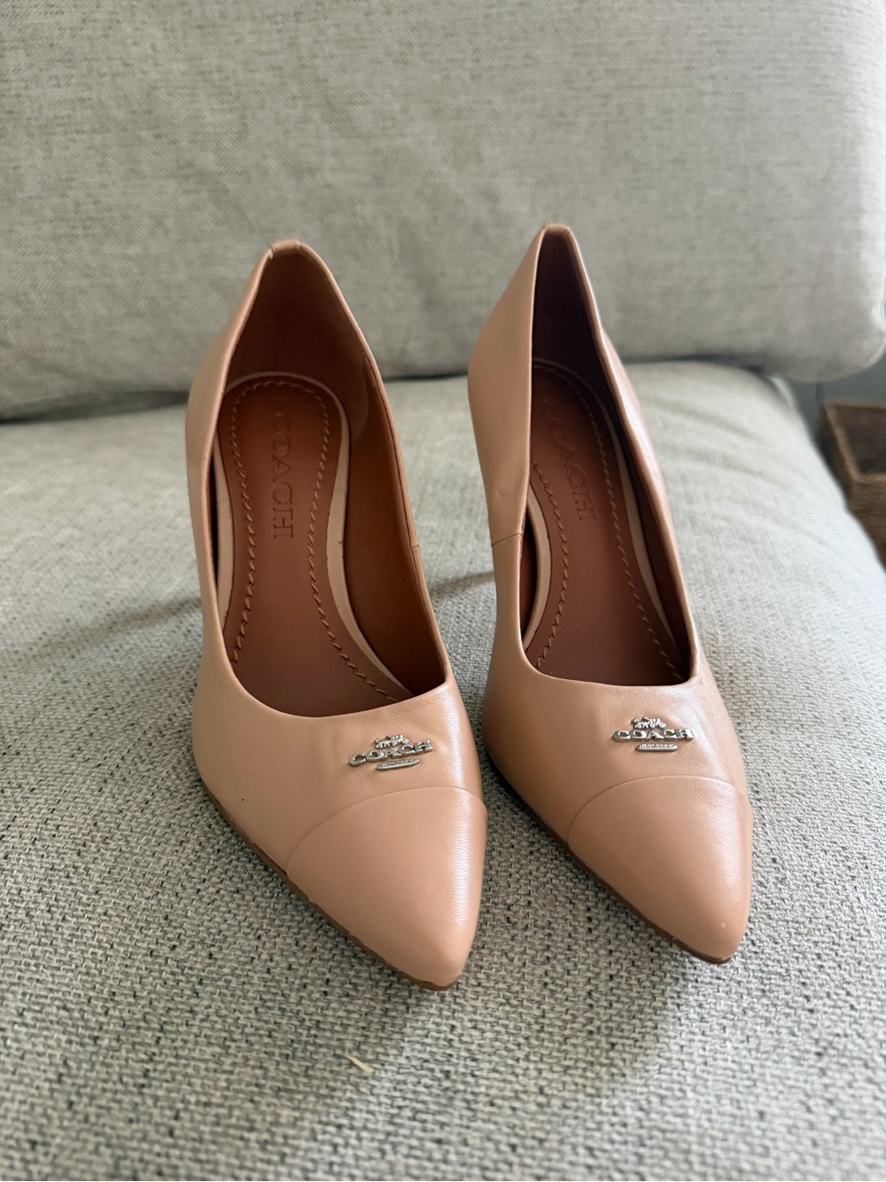 Coach Blush Leather Pointed-Toe Pumps with Logo Accent